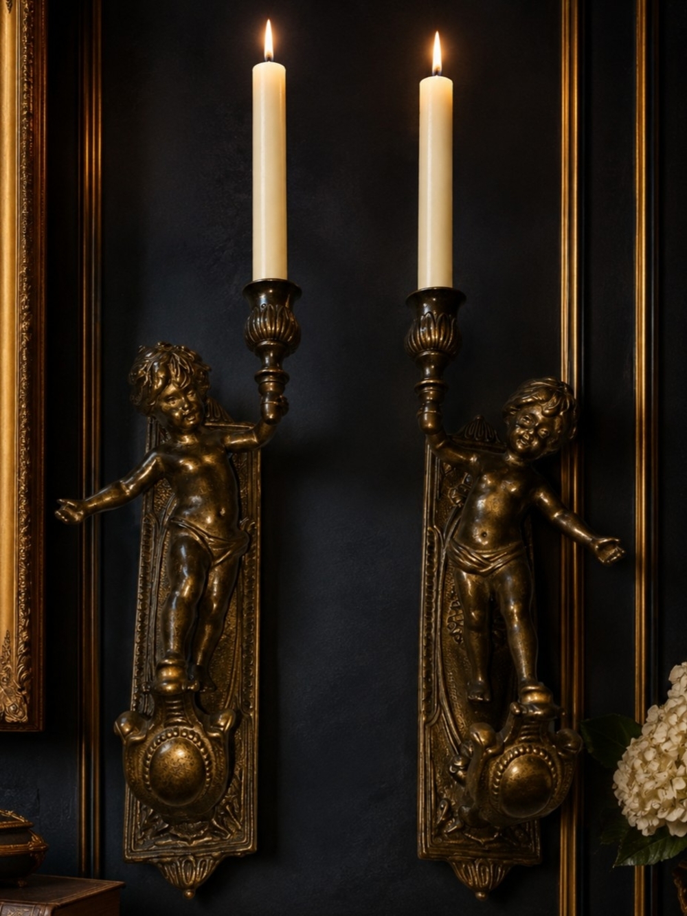 Vintage Italian Bronze Cherub Wall Sconces Pair Heavy 11.5" Tanini Candleholders